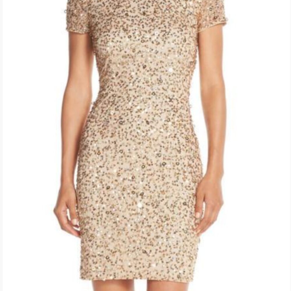 NWT Adrianna Papell Full Sequin‎ Metallic Cap Sleeve Mini Dress In Gold Size 4